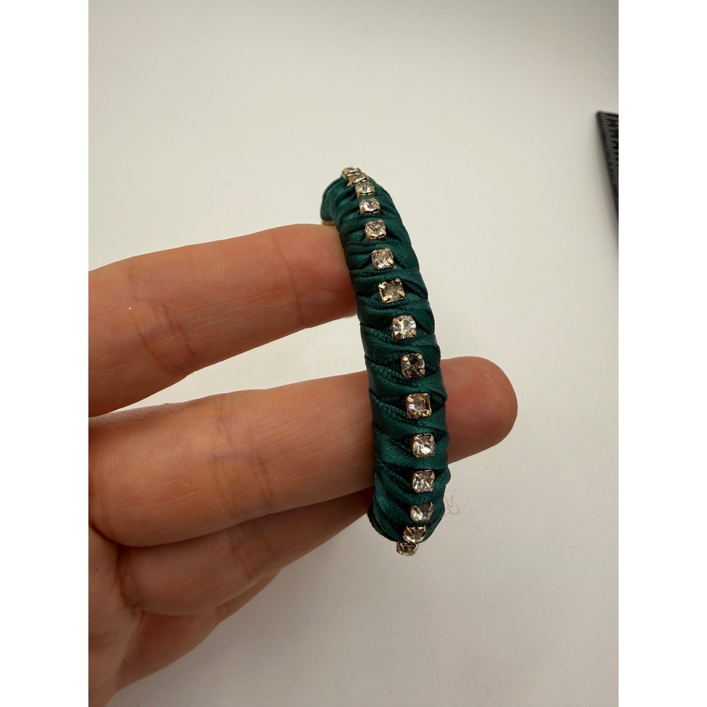 J.Crew Emerald Green Satin‎ Ribbon Rhinestone Gold Tone Cuff Bracelet S/M